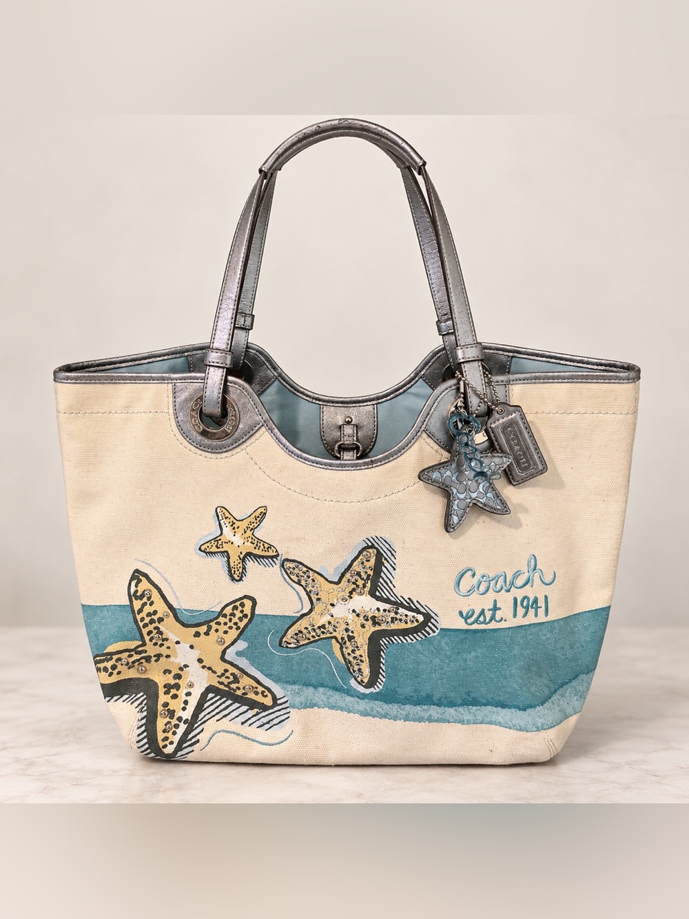 Rare Coach F19212 Starfish Beach Tote Canvas Teal Silver 2012 - Picture 15 of 15